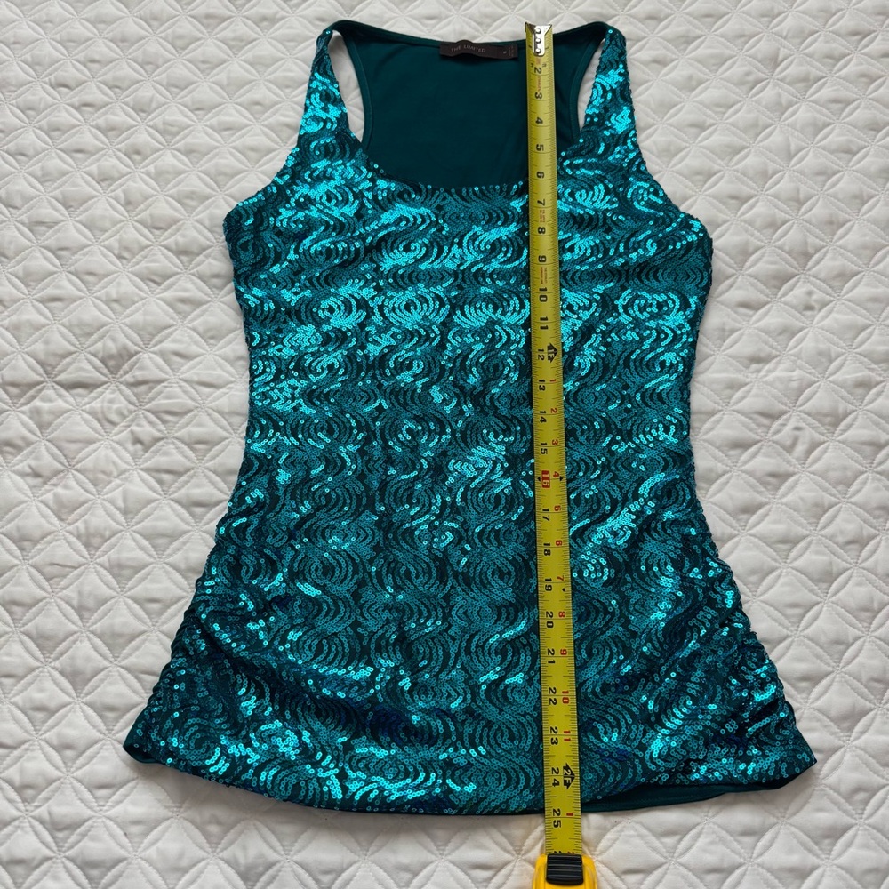 The Limited Teal Blue Sequin Front Racer Back Tank Top Side Ruched Size M - Picture 5 of 13